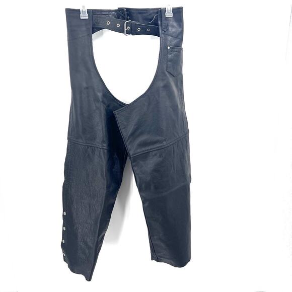 Vintage Zip & Snap Leg Black Genuine Leather Motorcycle Chaps USA Mens XXL - Picture 1 of 9